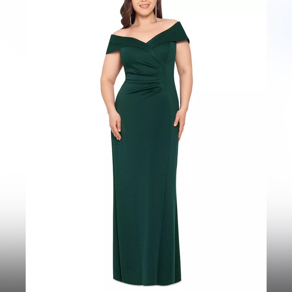 Xscape Plus Size Off-the-Shoulder Gown in Hunter Green Size 14W- shortened